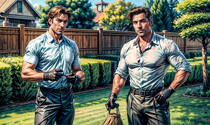 2 attractive adult men of different ages, father and son, young adult and middle-aged man. Wearing masculine work clothes, shirt and working pants, working gloves. flirting with you. Doing yard work. Nice yard in the background.