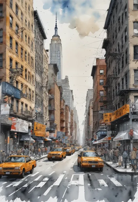 New Yourk, ink and wash, street and roadcross in NY, (Best quality, perfect masterpiece, Representative work, official art, professional, High detail, Very complex detailed:1.3)