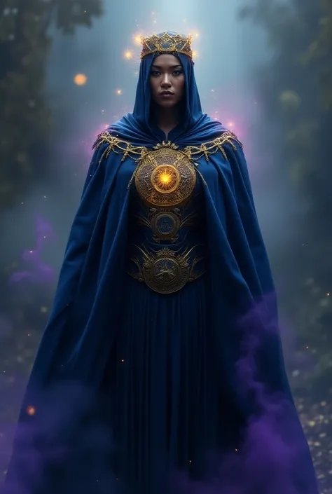 Superhero outfit with dark blue cape,  with golden symbols inspired by Brazilian indigenous and tribal patterns that represent the connections between time and space.  His clothing is shrouded in a faint aura that changes color as he uses his powers , shin...