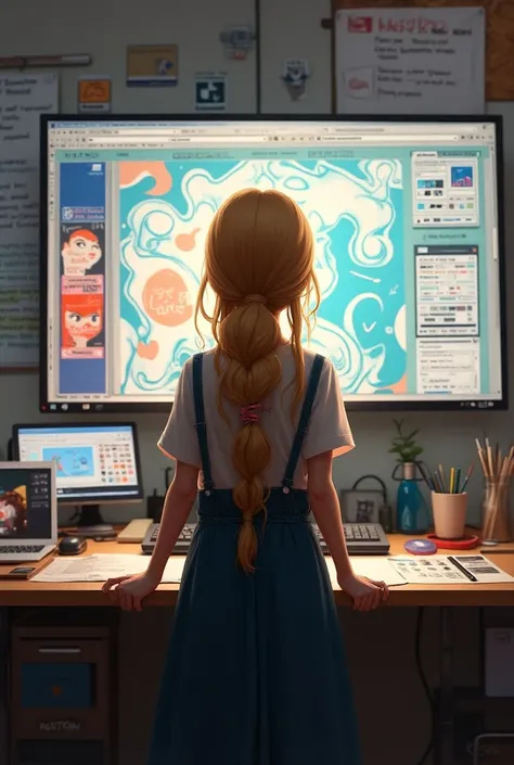 " Novas Journey Through Visual Design "

prompt: "Nova, a girl student of Visual Design  (with blonde braids),  with your back to the camera while focusing on an impressive visual design on a large screen in front of it.  The screen shows a digital project...