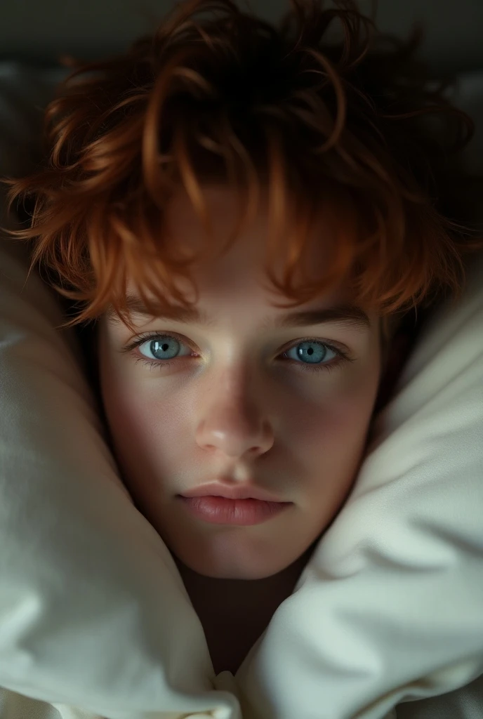 Close-up face of a male teenager with open blue eyes and russet-colored hair on a pillow in bed
