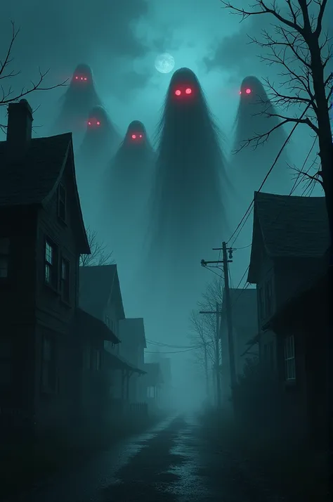 "A haunting nighttime scene in a quiet village. Shadows move between the houses, with ghostly apparitions of witches appearing amidst the fog. Villagers scream and hide in their homes, while the seven ghostly witches with glowing red eyes and ethereal form...