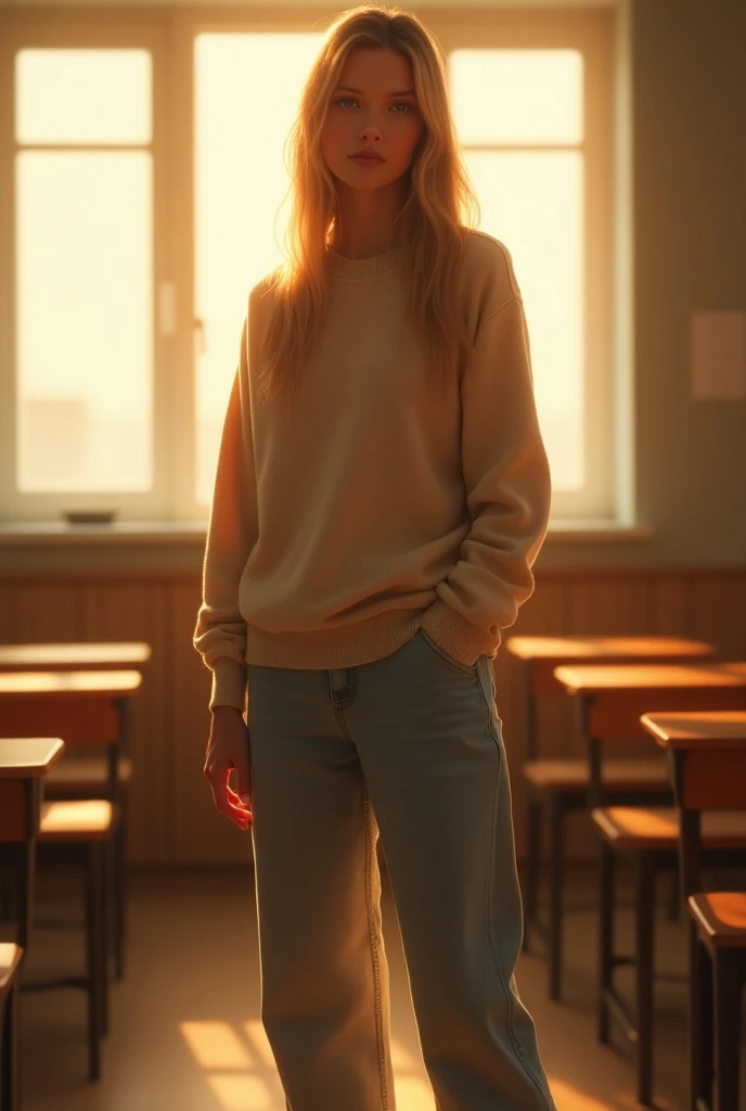 realistic, beautiful, amazing lighting, (1girl, solo, long blonde hair, petite body, short body, slim, medium boobs, oversized baggy ribbed beige sweater, loose light blue jeans), classroom, sunset