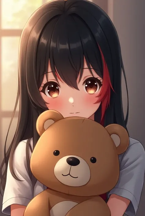 Create a female anime-style character with brown eyes and black hair with bangs and a red patch on the side, holding a brown teddy bear 