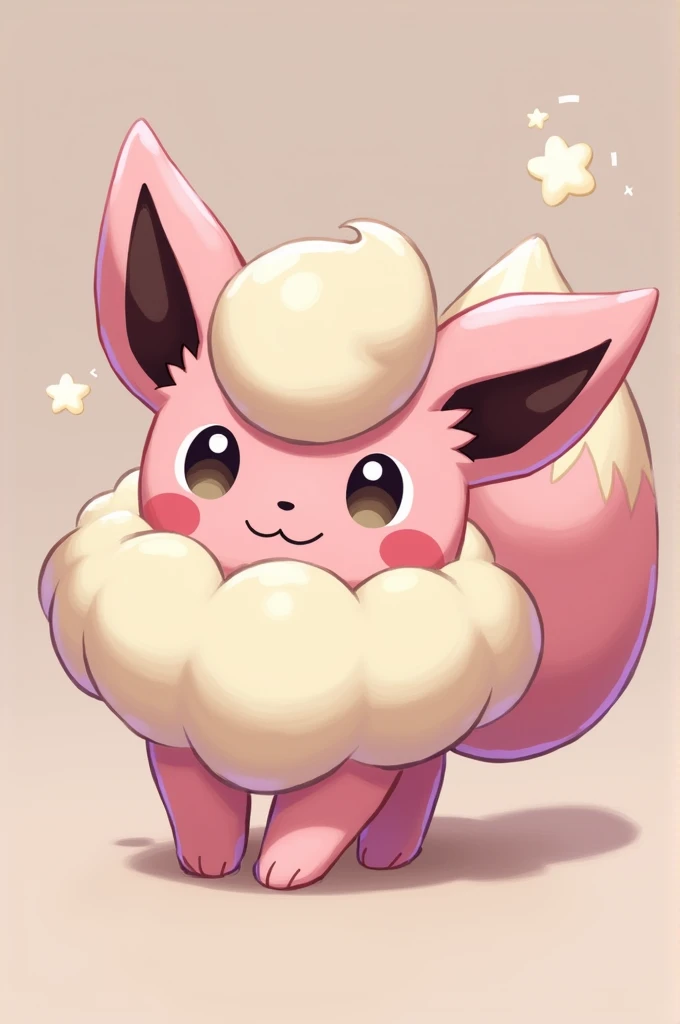 Body: The soft, round shape of Jigglypuff with its signature pink color, but with the fluffier texture of Eevees fur.

Ears: Large, Eevee-style ears with a slight puff of pink around the edges, blending the features of both Pokémon.

Tail: A fluffy, Eevee-...