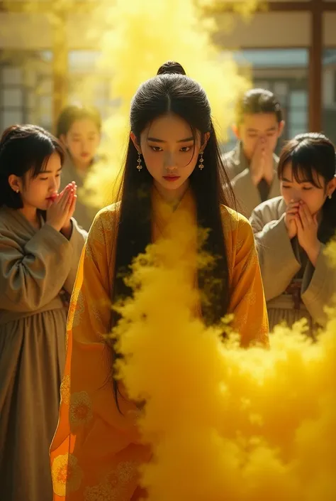 A beautiful long-haired Oriental woman farts horribly in the shape of a yellow gas, causing people to block their noses and feel pain