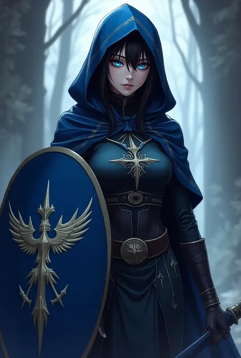 A dark elf    ,  dark-skinned, with elven features  .   Woman wearing a hooded robe of the Imperial Navy , blue and white,    with a blue shield in his hand with an eagle emblem,  He has light blue eyes and a staff  .   anime style .  He is a black-skinned...