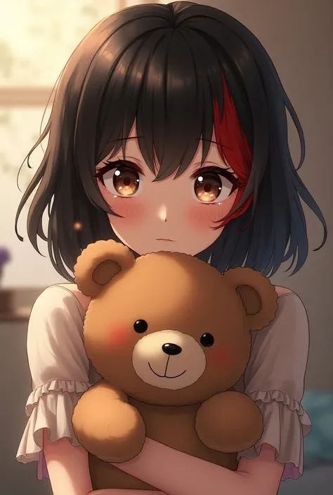 Create a female anime-style character with brown eyes and black hair with bangs and a red patch on the side, holding a brown teddy bear 