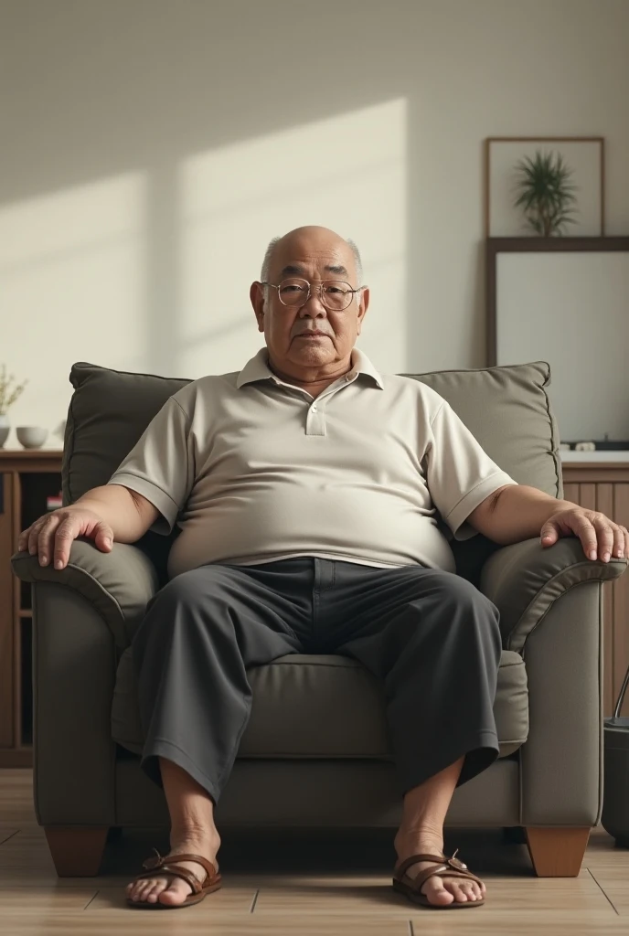 Japan、Grandfather、 fat、Bald、 large living room、White wall、Hes bossy leaning back on the couch、Long straight black hair wearing a polo shirt 、wide floor、A broader perspective