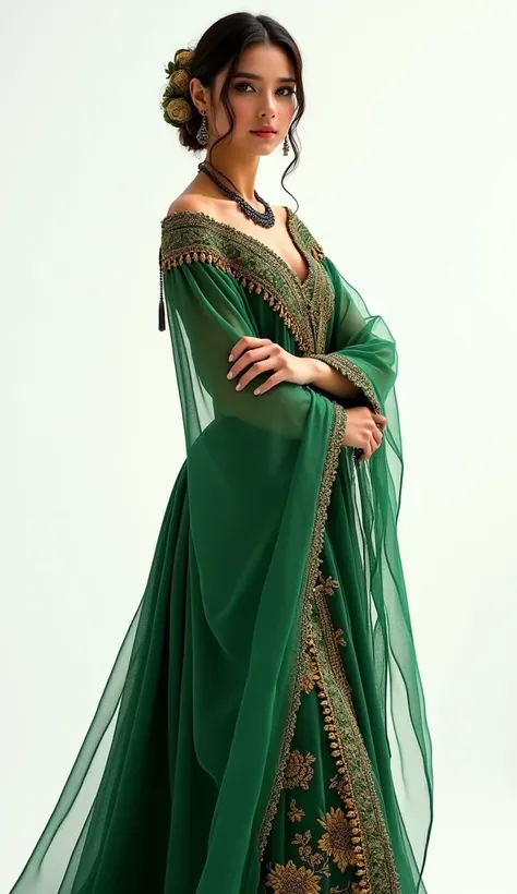  A beautiful Turkish woman in a bright national costume,  emphasizing an elegant figure ,  green and gold outfit ,  metal jewelry , stands on a white background, invites guests .