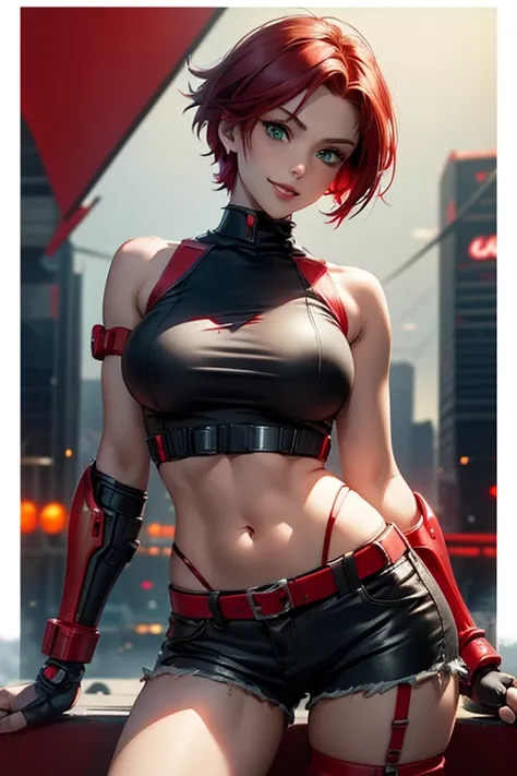 A scarlet  beautiful girl, with green eyes and a short red hair, cyberpunk outfit tank top and sexy shorts, she has a red cyberarm and she is very, very sexy, she is stand up with a littel smile, she has a red bionic arm, she has a red cyberpunk cyber arm