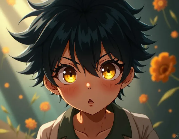 Character boys anime yellow eyes black hair freckle