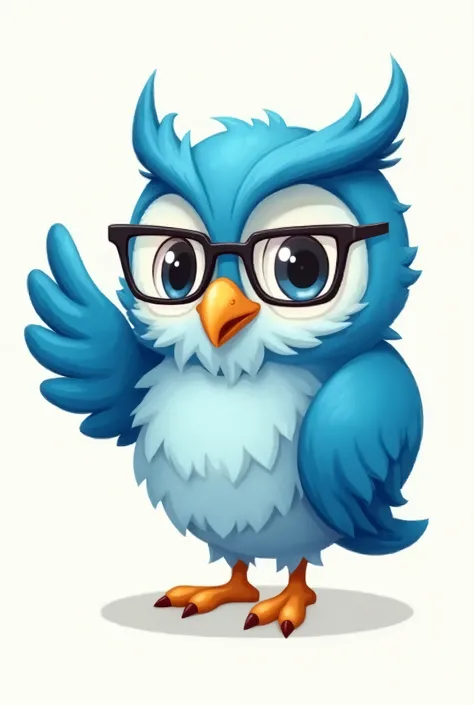 A blue mascot owl that has glasses and represents finances, Do that same owl ,  only pointing to the side
