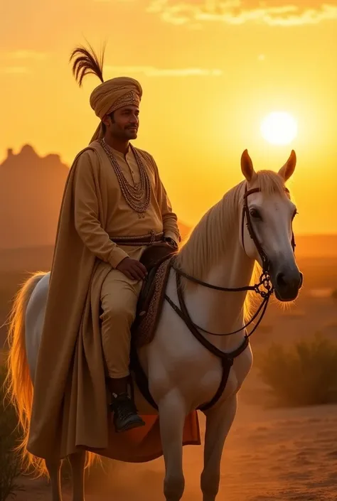 A majestic, ancient Rajasthani landscape under a warm, golden sunset. In the foreground stands Goga Ji Maharaj, a tall, regal figure in royal attire—traditional Rajasthani clothes with a turban adorned with jewels and a feather. He has a calm and wise expr...