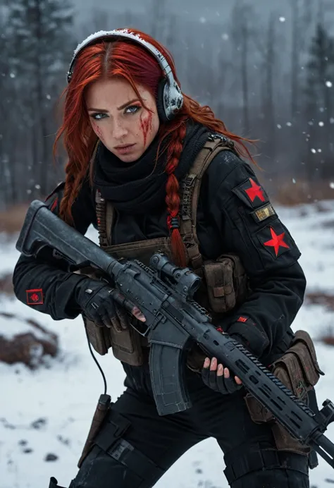 post-apocalyptic, high resolution, 1 woman, solo, view the viewer, (detailed face),red hair, long closed in back hair, military ...