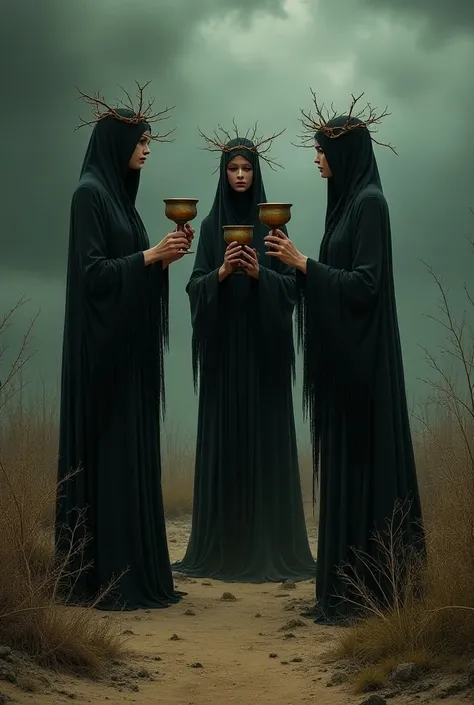 Dark tarot rider illustration of Three of cups ; three ghostly feminine figures standing in a circle, lifting tarnished chalices in a forced celebratory gesture, wearing long tattered robes in muted and worn-out colors, crowns of dry thorny branches on the...