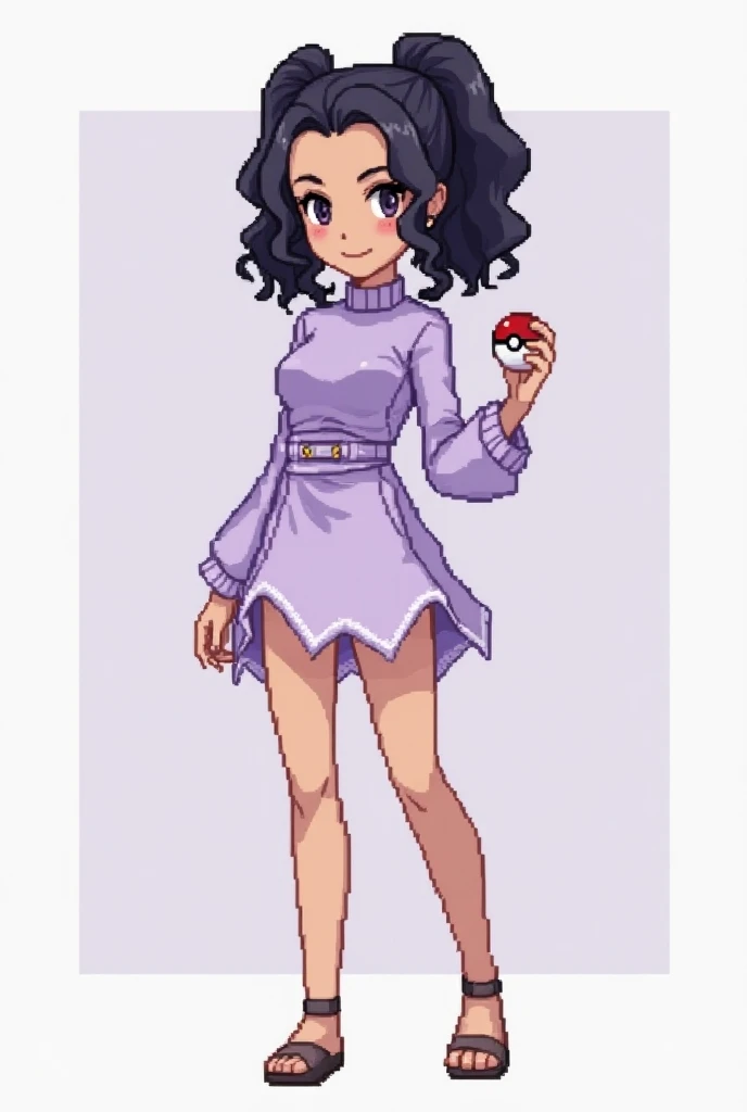 Please, crie uma Pixel art de CORPO COMPLETO de uma personagem feminina, young adult,  in the style of the game : Pokemon X e Y,  following the following instructions . Make the girl look like an adult . Make her have brown skin .  Make the character have ...