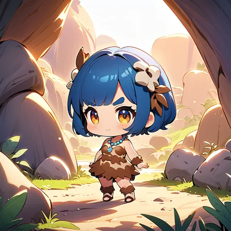 (masterpiece, best quality),chibi-character,A charming illustration of a chibi-girl living in the world of The Flintstones. She has a playful and adventurous spirit, wearing a stone-age outfit made from animal skins and bones, with a simple necklace and bo...