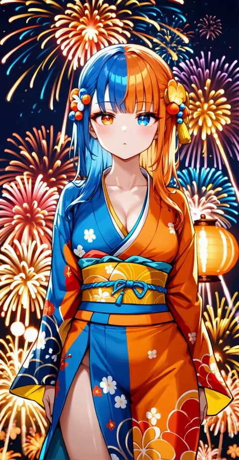 Full-length girl, square,  the left half of the head is blue ,  right orange , left eye blue , right eye orange,  in a two-color kimono ,  in blue and orange , Half,  sexy body,  with high boots of different colors, left blue ,  right orange ,  stands agai...