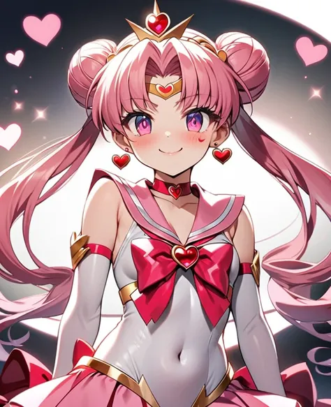 Sailor Moon, Chibi-Usa,

One girl, Solo,

Long hair, Pink hair, Twin tails, Double bun, Cone-shaped bun,

Pink eyes,

Forehead mark, Crescent-shaped face mark,

Short, (Height: 120cm)

Looking at the viewer,

Smiling,

Small breasts,

Skirt, Ribbon, Jewelr...