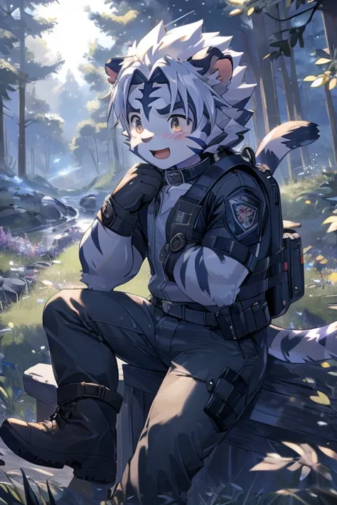 Kogenta (Onmyou Taisenki), Furry 1 White Tiger,Shota,(,Tiger Tail,Prototype White Tiger,Thick eyebrows,Moderately strong body), wearing black long-sleeved tights,(, long sleeve leather jacket, Leather Pants ),long gloves,Tall Tactical Boots (Tactical Boot:...