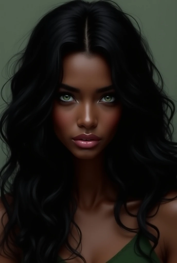  seductive and charming human with black skin,  long wavy rebellious and black hair,  piercing green eyes, Mouth a bit pink 