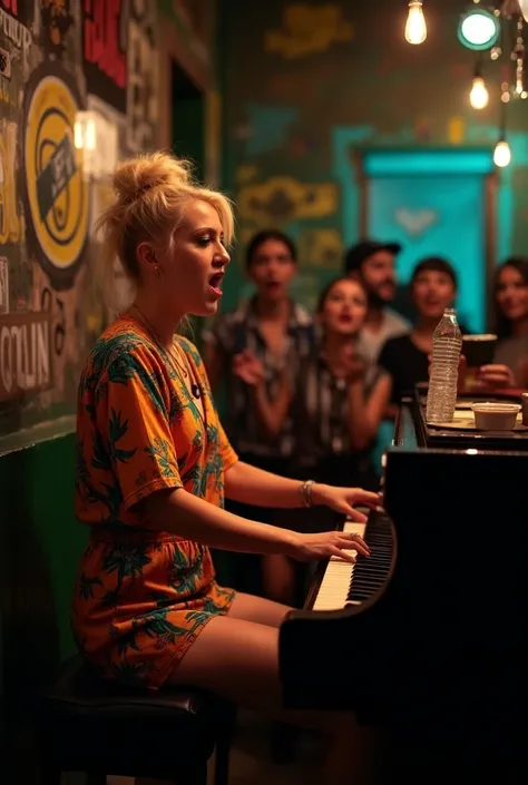 Lady Gaga playing the keyboard at a small bar in the Brazilian favela,with the Brazilian shirt 