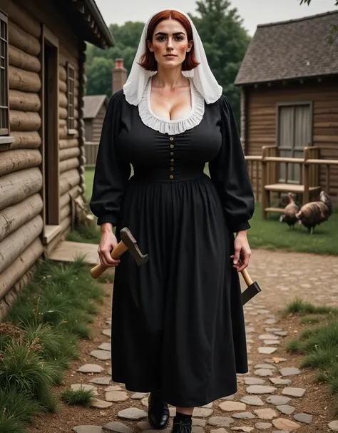 Photorealistic, cinematic style, a picture of a beautiful British woman in a puritan womans outfit. She has black dress, white bonnet and white capelet, white apron. Black buckle shoes. Shes walking on a stony path between farmyard loghouses in Massachuset...