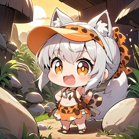 (masterpiece, best quality),chibi-character,A charming illustration of a chibi-girl living in the world of The Flintstones. She has a playful and adventurous spirit, wearing a stone-age outfit made from animal skins and bones, with a simple necklace and bo...