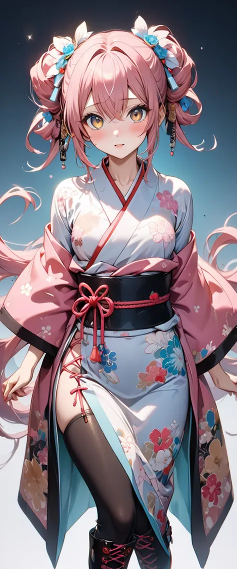 (Hatsune Miku), (masterpiece, highest quality, ultra high resolution), (((very beautiful 30-year-old woman))), (Taisho Roman kimono, detailed floral pattern, pink, white, light blue), (same, black), (high-cut lace-up boots, black), anime face, masterpiece,...