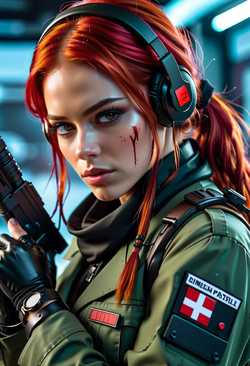 post-apocalyptic, high resolution, 1 woman, solo, view the viewer, (detailed face),red hair, long closed in back hair, military ...