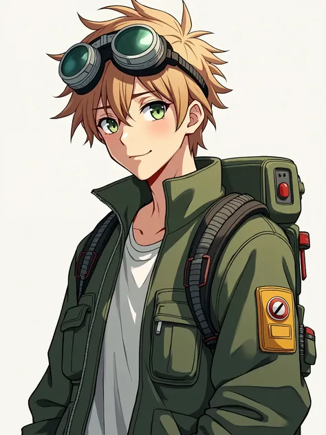 Anime-style illustration, handsome, green droopy eyes, light brown hair, wearing goggles on his head, engineer, young man, civilian clothes similar to military uniform