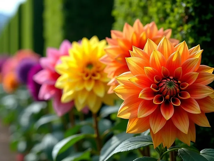  lyrics, 8K ultra HD,  a bunch of purple , orange ,  yellow dahlias that look beautiful in a row in a green sespes