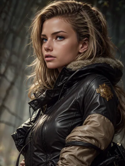 photorealism, a young woman, puffer down jacket & pants, leather, beautiful realistic eyes, Michael Garmash, Daniel F Gerhartz, Storybook style, warm dreamy lighting, white background, volumetric lighting, pulp adventure style, fluid acrylic, dynamic gradi...