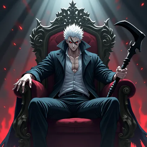 white hair,  Red Eyes, Black eye slap , masculine,  sickle with black aura ,  sitting on a throne with an evil face,  Anime style