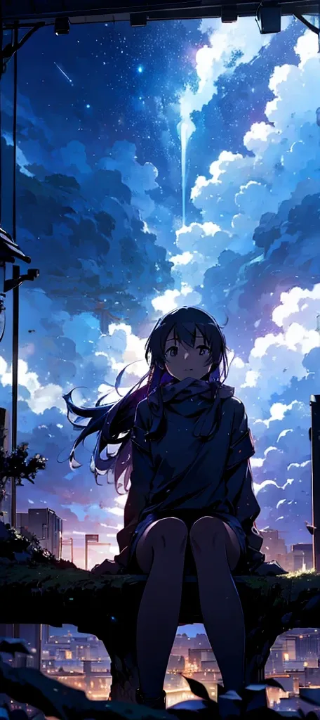 octans, A vast and wide 々And、Twinkling Star々 drawn against a sky wrapped in the soft light of the Milky Way and filled with ,  presenting a quiet night scene .   figure of a girl ,  sitting under a  tree ,  in the background .  her long hair flowing down ,...