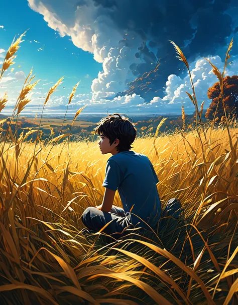 a boy sitting in an autumn meadow,  seeing a vast blue sky with dark blue clouds, tall grasses, cloudy, makoto shinkai cyril rolando, 4k anime art wallpaper, 4k anime art wallpaper, Live wallpaper, anime 8K art wallpaper, Live wallpaper art,  anime landsca...