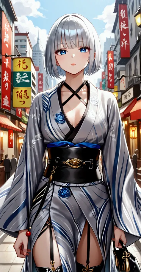 young woman, silvery bob hair with bangs ,  big blue eyes,  small nose , light skin,  hourglass figure ,  dressed in a silver kimono with a black wide belt,  on legs silver high heeled boots ,  stands against the city in the background , sexy