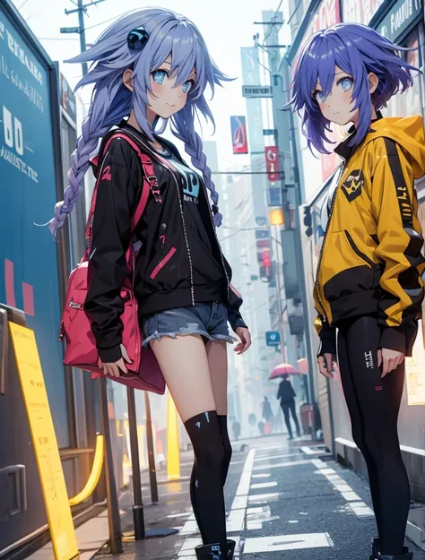 Masterpiece picture quality，Rainbow，Urban girl，ssmile，number art，style of anime，Retro anime girl，Punk girl，in an anime style，dual horsetail，Trendy，neonlight，depth of fields, perfil lateral delantero, ropa casual urbana ajustada, plano cercano