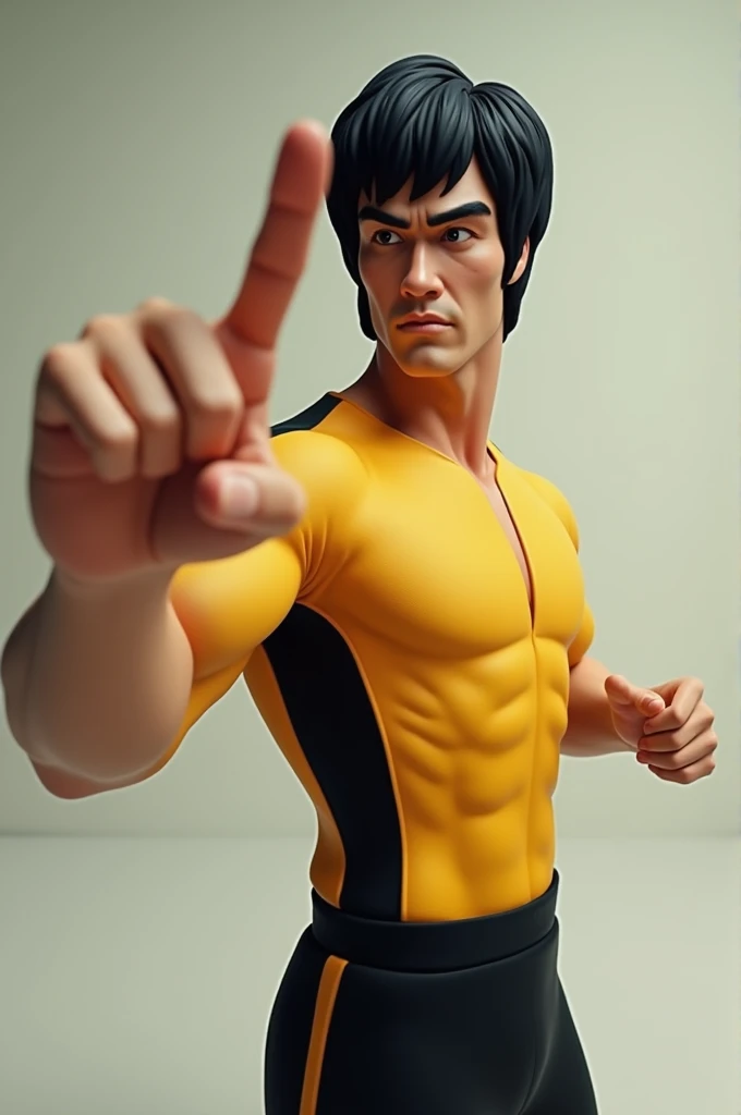 Create a 3d image of Bruce Lee pointing his finger 