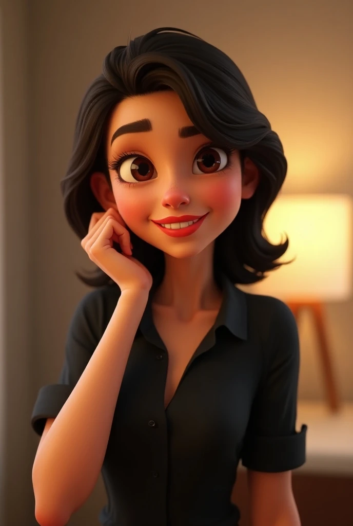  Create an image of a woman in 3D Pixar style ,   with dark hair and reddish tones , smiling slightly and looking directly into the camera.  rest her hand lightly on the left side of her face .  The woman is dressed in a dark blouse ,  in an indoor environ...