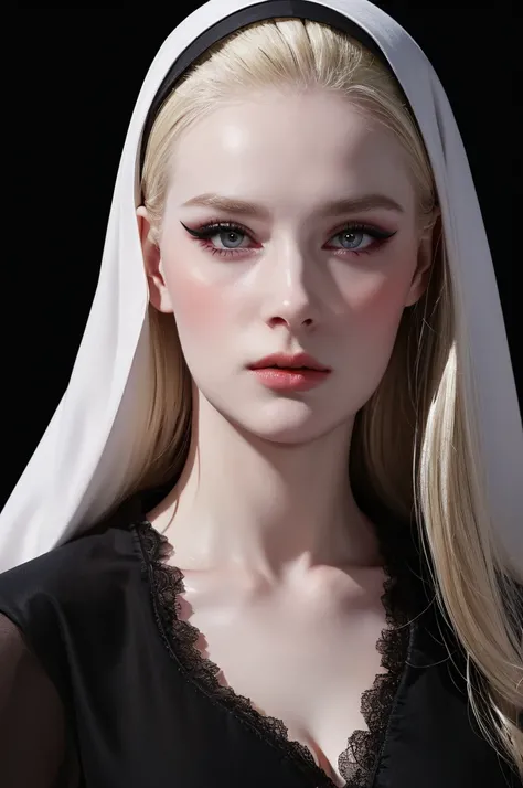 woman pretty, blonde, slicked back ,black nun veil, blonde hair , big breast,, pale skin , wearing italian dress, eyeliner ,foxy eyeliner , makeup ,pale woman painting, beautiful light deep focus, elegant, digital painting, smooth, dramatic lighting , 8k, ...