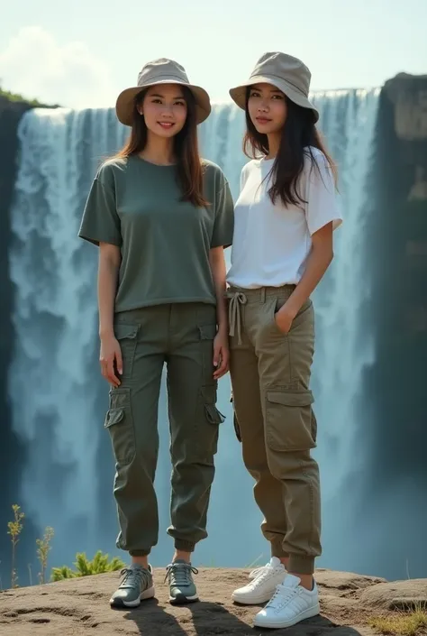 Potret outdoor real photography profesional of two woman beautiful asia waering kasual elegan outfit,cargo pant long ,hat bucket and waering shoes Adidas,stand on pulau kelingking with nature beautiful, waterfall blue,white sky, Hyper realistic hd high qua...