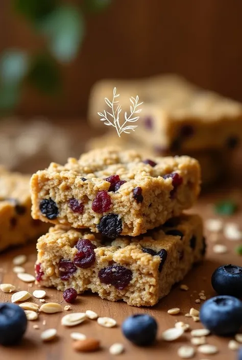   nutrition bars with dried fruits raisins, PEANUT, nut ,  blueberries and almonds . 
LOGO WITH Oatmeal Bars 