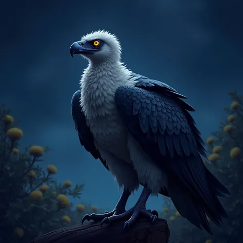 A vulture in a night landscape ,  with vibrant colors and highlighted by its yellow eyes( masterpiece ,  better illustration, best shade,  Realistic Lighting ,  detailed glow and beautiful ,  Photographic perspective)