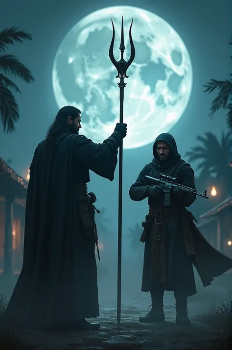 "The priest and Saalam Singh prepare for a final confrontation with the powerful witches amidst the eerie glow of moonlight. The priest, holding his trident high, and Saalam Singh with his rifle, both have fierce expressions, ready to protect the village f...