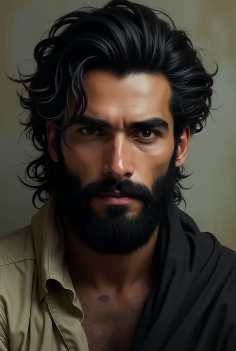 Create a picture of an Arab with black hair and a full beard 