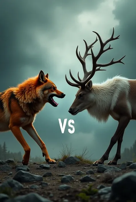 rop of a barren, rocky landscape under a cloudy sky. The wolf, with its sharp teeth bared, orange fur with black stripes, and intense eyes, is set against a reindeer, green jungle background. In the center of the image, the word VS is prominently displayed...