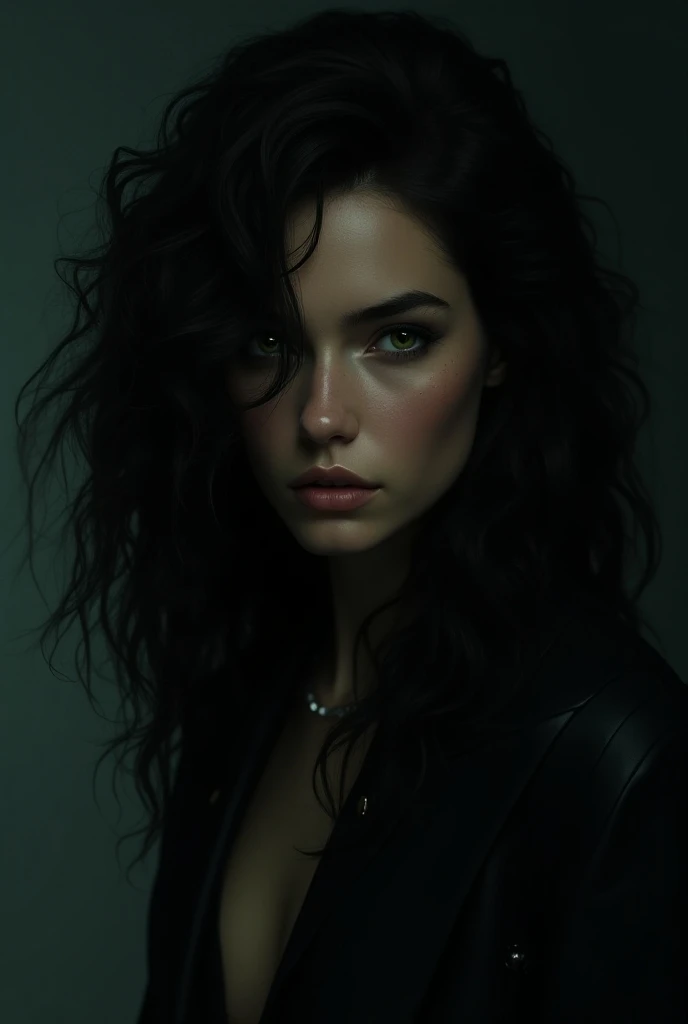  beautiful seductive and charming human with dark skin as night,  long wavy rebellious and black hair, piercing green eyes and a challenging look 