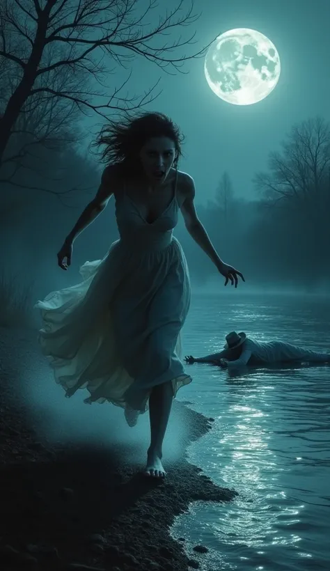 a frightened woman running along the banks of a river in the moonlight and in the background a man in white clothes and a hat on the ground near the mans feet